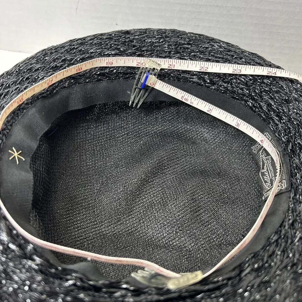Vtg Hattie Carnegie I Magnin Co., Black Cloche Hat 1950s Woven Ratten Bow Hat